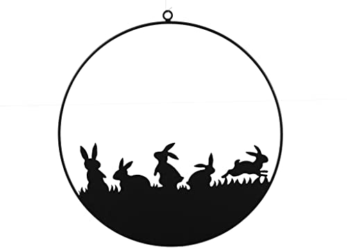 OSTERKRANZ 30cm Schwarz Metall Osterdeko TÜRKRANZ Metallhänger Hänger mit Hasenfamilie Kranz Ostern Fensterdeko Türdeko Willkommen Anhänger Fensterschmuck
