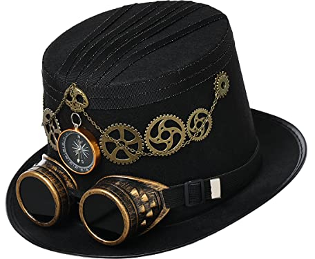 Unisex Piraten-Stil Steampunk Zylinder Hut mit Brille Steampunk Cosplay Karneval Halloween Kostüm Zubehör für Damen Herren (Schwarz, 61cm/24.02 inches)