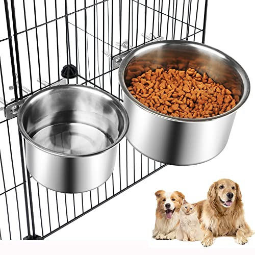 Lot de 2 gamelles d'eau et de Nourriture pour Chien en Forme de Cage - 18 x 9 cm - 14 x 8 cm - en Acier Inoxydable à Suspendre pour Cage de Petits Animaux - pour Petit Chien, Chat, Lapin, Oiseau