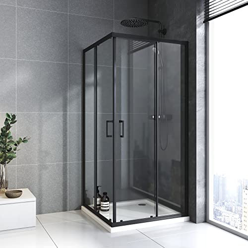 Duschkabine 90x90cm Eckeinstieg mit Schiebetüren,6mm ESG Glas Duschabtrennung Doppel Schiebetür Mattschwarz,Über Einer Duschwanne Oder Fliesen Montiert,Höhe 185 cm(Ohne Duschtasse)