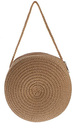 ifundom Stroh-Strandtasche für Damen, rund, Stroh, Umhängetasche, Sommer, gewebte Tragetasche, Reise-Handtasche, Rattan-Schultertasche, khaki, 16.5X6CM