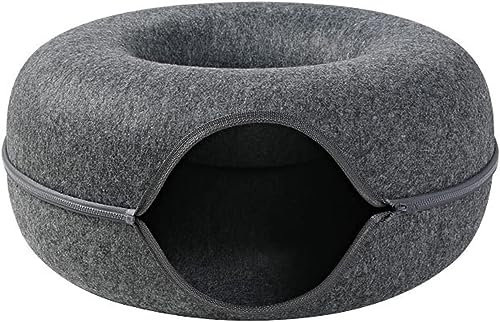 CAISON Flet Cat Kitten Rabbit Donut Play Tunnel Bed and Hides House Toys Play Pet Cave Hideaway, 20 inch Diameter, Dark Grey