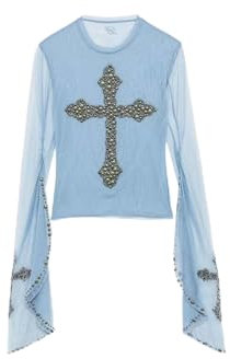 AYAZER Cross Willow Nails Sonnenschutz-Mesh-Langarm-T-Shirt für Damen mit Schlitzen, modischen, heißen Diamanten und schönem, Hellblau, S