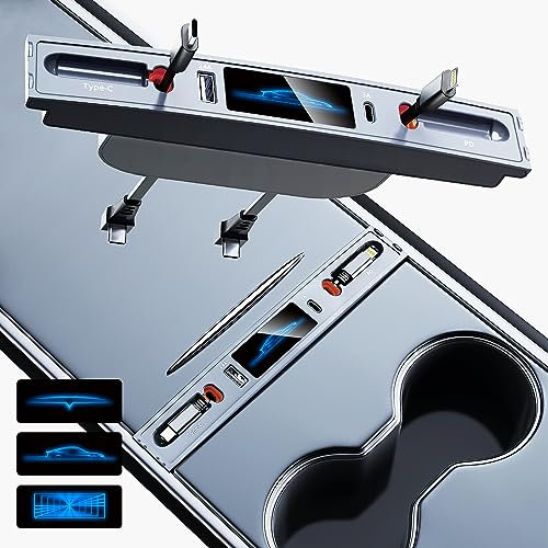 SAMORINO for Tesla USB Hub, Docking Station with Retractable Fast Charging Cable for Tesla Model 3 Model Y 2023 2022 2021, Interior Accessories for Tesla Model 3/Model Y Center Console