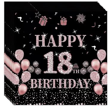 VReder Servietten 18 Geburtstag, Schwarz Roségold Papier Party Servietten, Happy Birthday 18. Servietten für Mädchen Frau Frauen Geburtstag Feiern Party Decorations 40 Stück