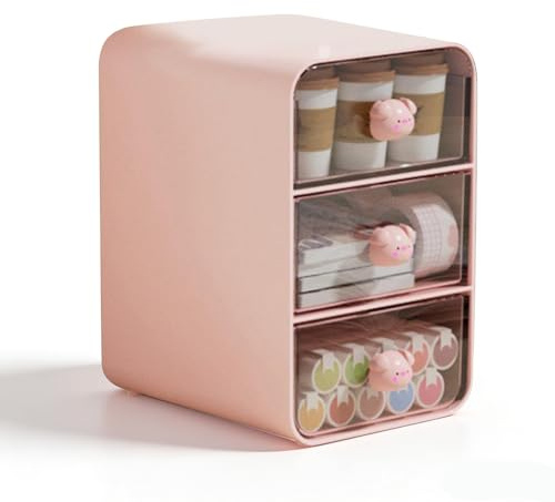 Organizer Per Trucchi con 3 Cassetti, Organizer Per Trucchi/scrivania, Organizer Per Cosmetici a 3 Cassetti, Scatola Porta Trucchi, Scaffale da Tavolo, Per Dormitorio degli Studenti, Casa(rosa S)