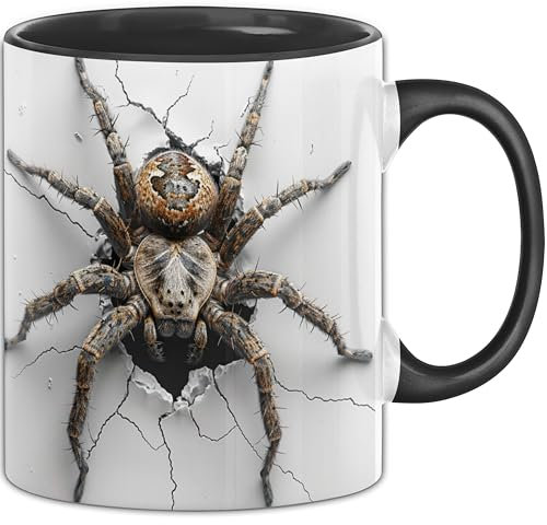 Trendation - 3D Tasse Spinne Lustig Geschenk Allover-Print Kaffee-Becher Geschenkidee Spinnen-Liebhaber (Schwarz)