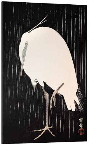 Posterlounge Grue de Sibérie sous la pluie Tableau en verre acrylique de Ohara Koson 40 x 60 cm Noir Tableaux Décoration murale