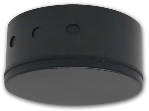 Abzweig-Baldachin mit Bajonettdeckel, Maße Ø70x25mm, schwarz, seitlich gegenüberliegende Auslässe, 4 Punkt-Befestigung, 3-Loch Zugentlaster