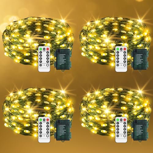4 Packs 9.9 FT Fairy Lights Total 240 LED Battery Operated String Lights Green Copper Wire Christmas Lights for Indoor Outdoor Lighting Trees Garden Bedroom Wedding Party Walls Decoration Warm White