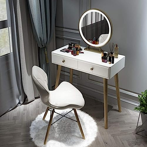 Schminktisch，Frisiertische, Schminkkommode, Schreibtisch für Mädchen, Spiegel mit einstellbarer Helligkeit, Schubladen mit großer Kapazität, Frisiertisch-Set weiß, Beine aus massivem Holz, S