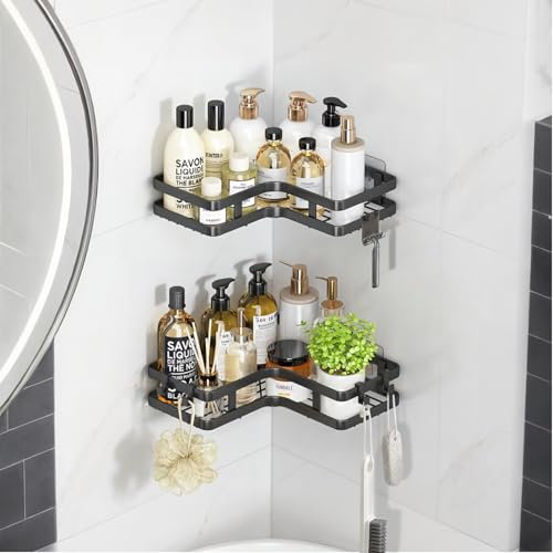 ILIKEPOW Shower Corner Shelf No Drilling with Stickers Wall Mounted Adhesive Bathroom Corner Shower Caddy Basket Organiser with Razor Hook Matte Black, 2 Pack
