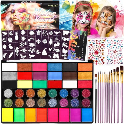 Vautvis Pinturas Cara para Niños, Pintacaras Infantil 42 Colores Pintura Facial y Corporal con 11 Pinceles, 4 Plantillas, 2 Pegatinas, Pinturas Pintacaras para Niños, Maquillaje Carnaval Halloween