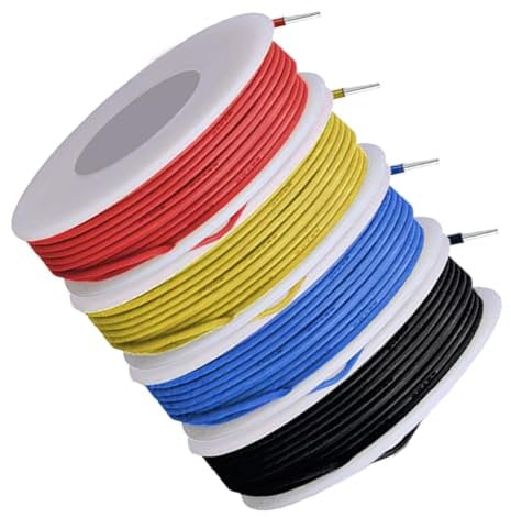 MKBKLLJY 26 Gauge Solid Copper Wire, 300V PVC Insulation, 4 Colors (Red, Yellow, Blue, Black), 5m/16.4ft Each, for Electronics DIY & Compatible Devices Requiring 26AWG Wire