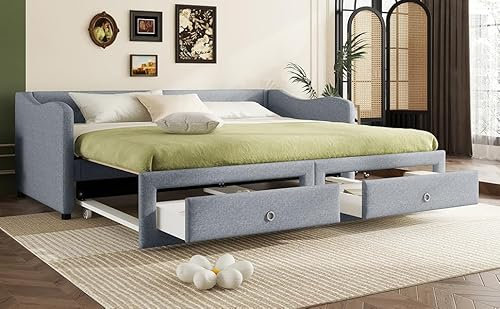 Lcoho Daybettt, Tagesbett mit ausziehbarem Bett, Schlafsofa mit Zwei Schubkästen, Einzelbett(Ohne Matratze), Leinen, Minimalistisches Styling (Grau)