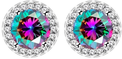 Uloveido Mehrfarbige Zirkonia Halo Solitaire Ohrstecker, Regenbogen Runde Stecker für Damen, Simulierte Mystic Topaz Ohrringe YA5034