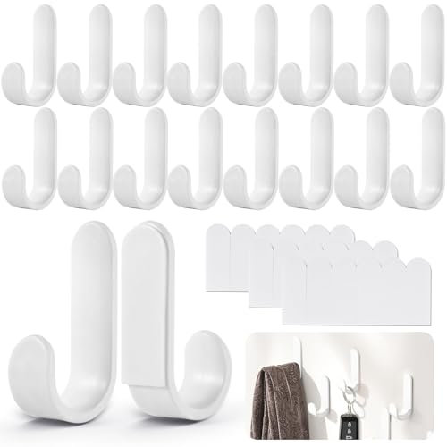 Garnirise Self Adhesive Hooks, 18 Pcs J Shaped Sticky Extra Wall Heavy Duty Stick On Hooks for Hanging Keys, Towels, Bathroom Kitchen Use Wall Hangers Without Nails, White