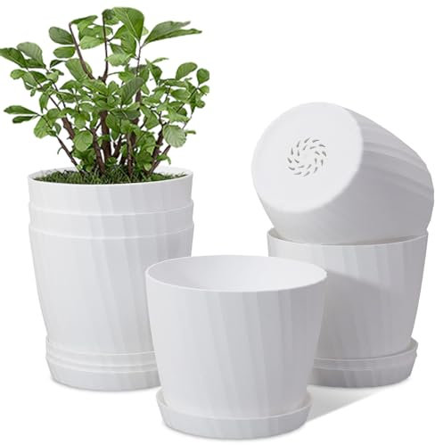 MUAEEOK 18CM 6 Pack Plant Pots Indoor Plastic Planters with Drainage Holes and Saucers for Indoor Outdoor House Plants and Flowers Modern Decorative Planter Pot for All House Plants (White)