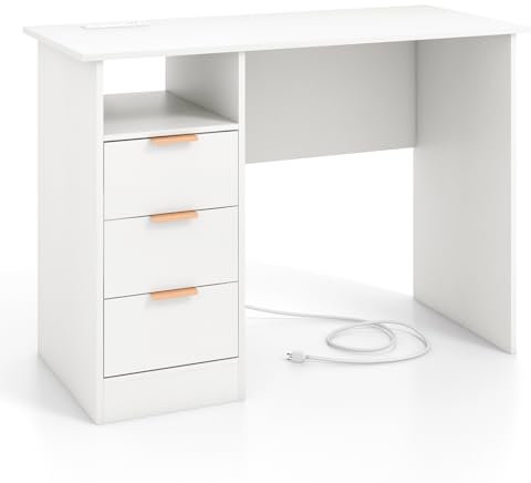 GIANTEX Escritorio de Ordenador con 3 Cajones Laterales y 1 Compartimento Abierto, Mesa de Trabajo con Estación de Carga, 108 x 48 x 76 cm, Escritorio para Dormitorio, Oficina (Blanco)