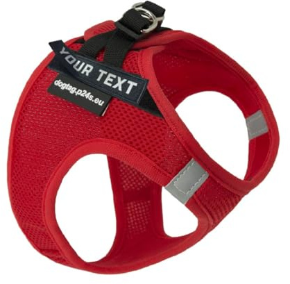 P24S SMART Step-In Hundegeschirr mit 2 kostenlosen personalisierte Namensaufkleber Klettsticker Wunschetikette für kleine Hunderassen mit Digital Hundefinder Dienst (Rot, S (Brust 46-57 cm))