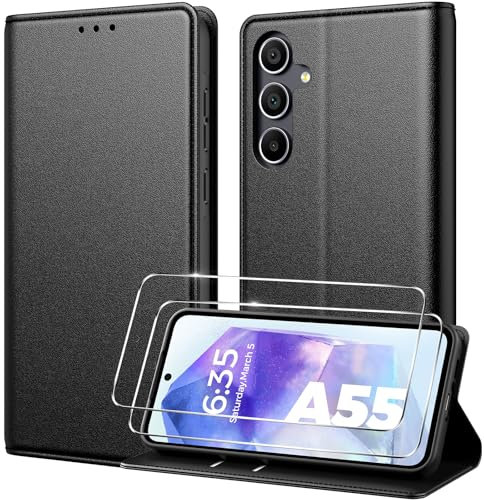 Peakally Handyhülle für Samsung Galaxy A55 5G Hülle mit 2 Panzer Schutz Glas, Premium PU Lederhülle mit Kartenfach RFID-Blockierung Standfunktion Klapphülle für Samsung A55, Schwarz