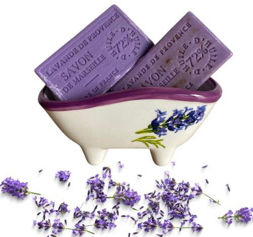 Jabón de Lavanda y Flores de Lavanda perfumados, Barras de Jabón, Jabones artesanales, Dos Pastillas de Jabón Natural 100%, Jabón de Marsella, Jabonera de cerámica para baño, Set de Baño decorativo.
