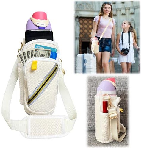 OHGOSH Insulated Stainless Steel Water Bottle Carrying Case Compatible with Owala FreeSip 32 oz Protective with Strap, Lipstick and Straw Pocket and Cell Phone Accessory Pocket (apricot color 32 oz)