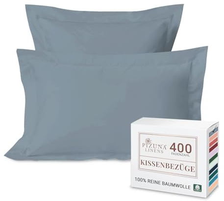 Pizuna Oxford 2er Kissenbezug 50x75 Baumwolle Staubiges Blau 400 Fadenzahl | 2-teilig 100% langstapelige Baumwolle weiche Mako-Satin weben luxuriös Nur Kissenbezug mit 5cm Rahmen und 20cm Klappe