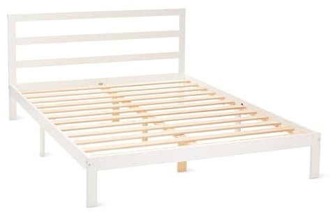 Amazon Basics Kingsize-Bettgestell mit Kopfteil, Massives Kiefernholz mit Lattenrost, 160cm x 200cm, King-Size, Weiß