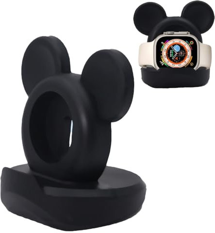 Leeneen Silikon-Ladestation für Apple Watch, kompatibel mit Apple Watch Serie Ultra2/Ultra/10/9/8/SE2/7/6/SE/5/4/3/2/1Cute iWatch Ladestation, unterstützt Nachttisch (schwarz)