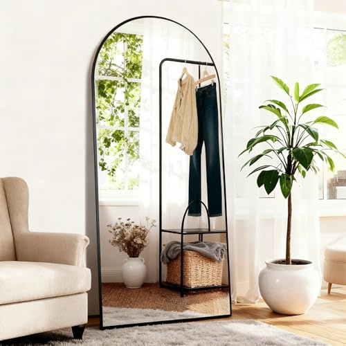 GTYZZH Ganzkörperspiegel, 165x60 cm Bogen Standspiegel aus Gehärtete Glas, Hängend oder Lehnend Großer Wandspiegel für Schlafzimmer, Wohnzimmer, Ankleidezimmer, Schwarz