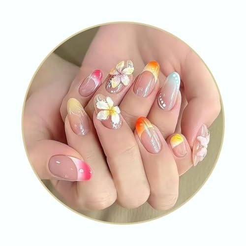 24PCS Multi-Colored 3D Flower Press on Nails - Jelly Gel Nail Art Kit with Glue Strips & File for Summer Stylish Look