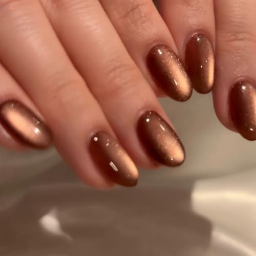 SXVME Soft Gel Press on Nails Short Oval, 30 Pcs Light Brown Cat Eye False Nails Short Almond, Glitter Glass Fake Nails Set, Reusable Shiny Bling Stick on Nail for Women Summer Decoration