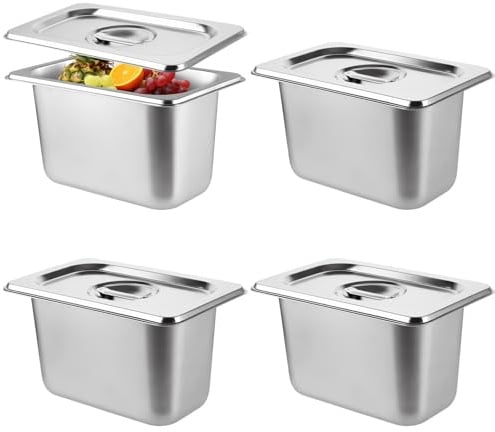 DAJAVE 4 Stück gn Behälter mit Deckel, 1/9x17,6x10,8x10,0 CM Panierschalen Set Gastro Behälter, Edelstahl Behälter mit Deckel, Edelstahlbehälter mit Deckel, Gastronormbehälter, Warmhaltebehälter Essen