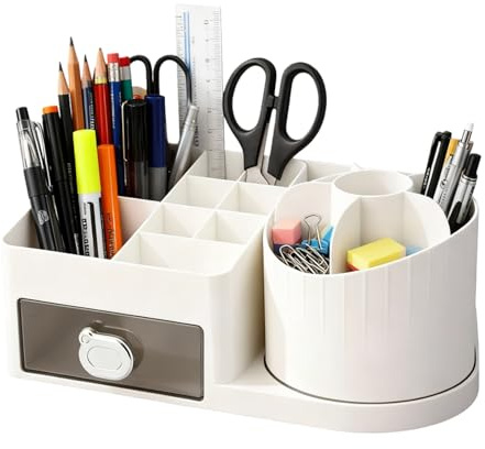 OFFASST Organisateur de Bureau Rotatif 15 Compartiments + 1 Tiroir, Pot à Crayons Tournant 360° pour Rangement Fournitures Scolaires, Maquillage et Accessoires Bureau (Blanc)