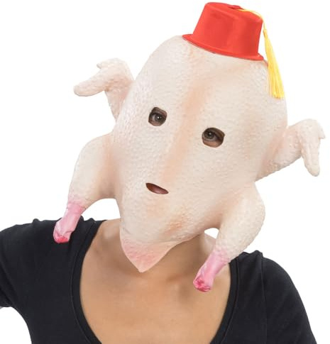 Chaks - Truthahn Maske aus Latex mit rotem Hut, Kostüm Accessoire für Karneval, Mottoparty, Thanksgiving & USA Events, Weiß | Karneval, Mottoparty, Thanksgiving und USA Events, Vollkopfmaske im Truthahn Design aus Latex