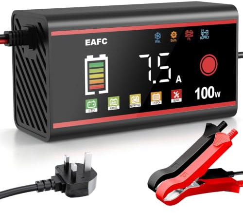 EAFC 15A Car Battery Charger 12V, 100W Smart Fast Battery Charger with Pulse Repair Mode, Color display, Auto Shut-Off, for Car, Van, Motorcycle, AGM, GEL, EFB, Wet, SLA & LiFePO4 Batteries