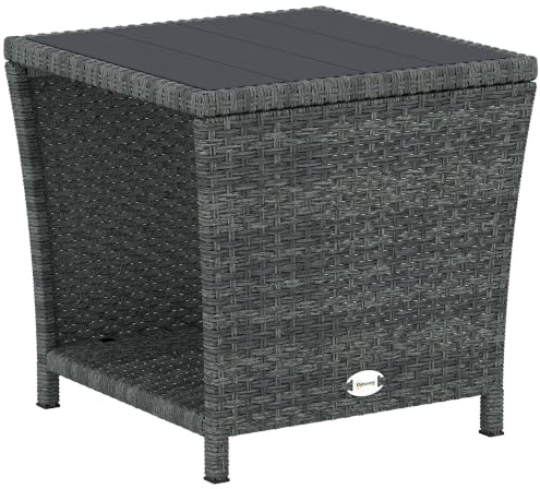 Outsunny 2-Tier PE Rattan Side Table with Storage Shelf Square Grey | Square Outdoor Coffee Table, PS Wood Slat Top, UV-Resistant, for Patio, Garden, Balcony