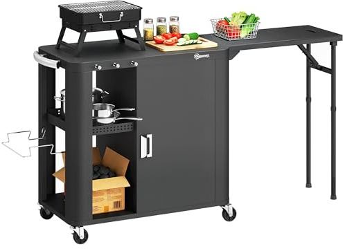 Outsunny Desserte jardin chariot de barbecue sur roulettes îlot de cuisine avec table latérale pliable placard étagères ouvertes porte-papier support sacs poubelle trois crochets 166 x 54 x 88 cm noir