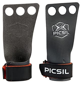 PICSIL RX Hand Grips – Profi 3‑Loch‑Griffpolster aus Carbonfaser in Profi‑Qualität, Chalk‑kompatibel, Handschutz für Calisthenics, Krafttraining & Gymnastik (Orange, XL)