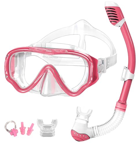VILISUN Taucherbrille mit Schnorchel Anti-Leck Anti-Fog Schnorchelset Tauchset aus Gehärtetem Glas, ideal für Tauchen, Schnorcheln und Schwimmen, Rosa Set (Kinder)