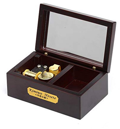 YouTang Spieluhr, 18 Noten, Uhrwerk, Holz, Spieluhr mit Spiegel, goldfarbenes Spielwerk, „Die Schöne und das Biest“, weinrot, goldfarbenes Uhrwerk.