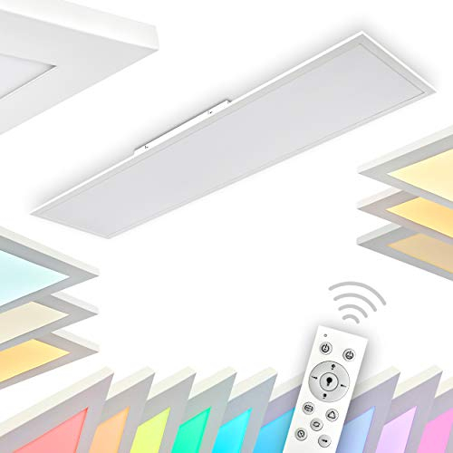 LED Deckenlampe Antria, dimmbare Deckenleuchte aus Kunststoff in Weiß, Panel mit 42 Watt, 3000 Lumen, 2700-5000 Kelvin, längliches Deckenpanel mit RGB Farbwechlser und Fernbedienung, flaches Design