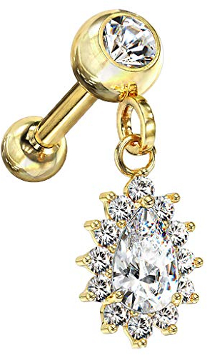 Piersando Piercing Stecker mit Glitzer Kristall Tropfen Anhänger Ohr Lippe Nasen Cartilage Tragus Helix Labret Nasenpiercing Gold Clear