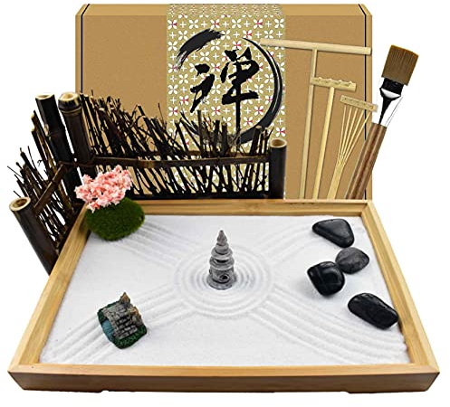 Artcome Japanese Zen Sand Garden for Desk with Rake, Stand, Rocks and Mini Furnishing Articles - Office Table Accessories, Mini Zen Sand Garden Kit - Meditation Gifts