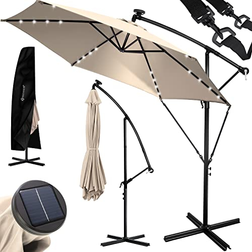 KESSER® Sombrilla LED Solar Aluminio 300cm Incluido Funda Control Remoto & Manivela | Parasol con Soporte Función 360° Protección UV Repelente Agua para Jardín Terraza Mercado Beige