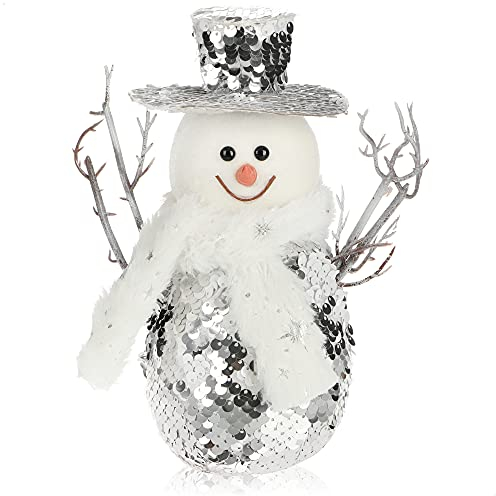 com-four® Schneemann Figur Größe M, Weihnachtsdeko mit Wendepailletten, optimal als Tischdeko zur Adventszeit, schöne Dekofigur für Innen (silberfarben-weiß - M)