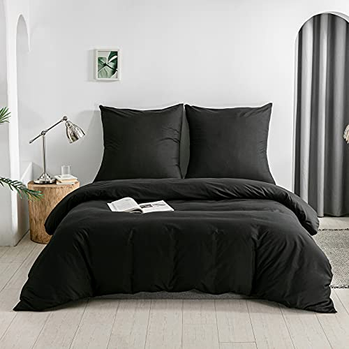 KONO gebürsteter Mikrofaser Bettbezug mit Reißverschluss Raffhalter + Kissenbezüge 80x80cm mit Umschlagverschluss (Schwarz, 135x200cm+80x80cmx1pc) DC-2 Set 135 BK