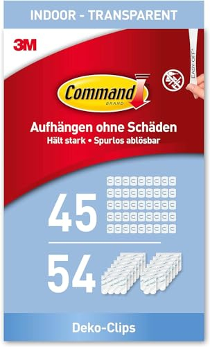 Command Dekorations-Clips, Vorteilspack mit 45 Minihaken und 54 Kleinen Klebestreifen - Clips für Dekoration und Lichterketten - Dekorieren ohne Löcher und Bohren