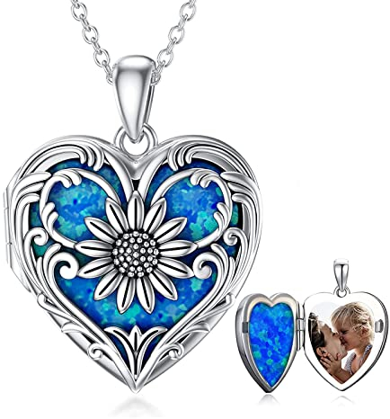 SOULMEET 925 Sterling Silber Medaillon Halskette, die Bild Fotos personalisierte Herz Sonnenblumen Anhänger Halskette hält mit Blau Opal
